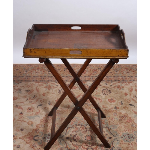 86 - A 19TH CENTURY OAK BUTLER'S TRAY ON STAND of rectangular outline with pierced carrying handles raise... 