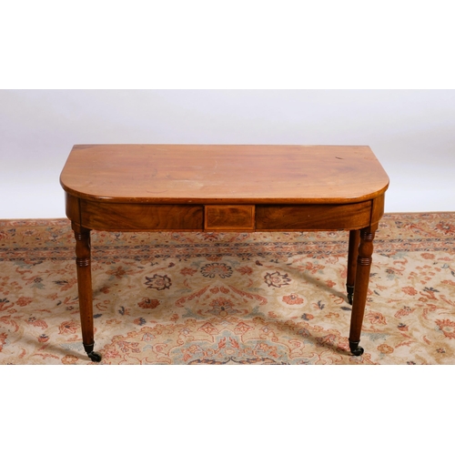 87 - A 19TH CENTURY MAHOGANY AND SATINWOOD INLAID OCCASIONAL TABLE of rectangular bowed outline the shape... 