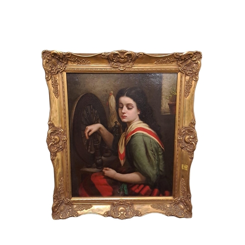 91 - IRISH SCHOOL, 19TH CENTURY 
Young Girl Seated beside a Spinning Wheel
Oil on canvas
60cm (h) x 49cm ... 