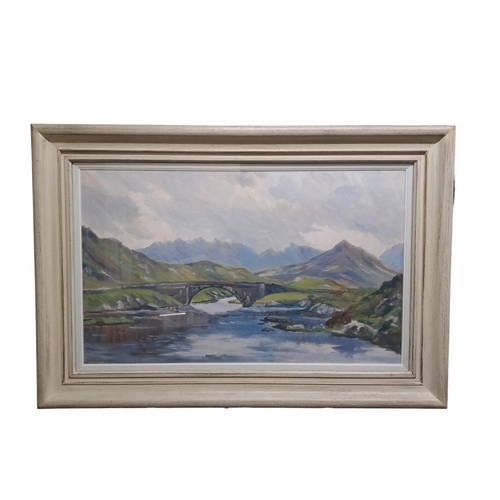 92 - STANLEY PETTIGREW
Mountain Riverscape with Bridge 
Oil on board
Signed lower left 
50cm (h) x 80cm (... 