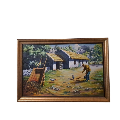 96 - Farmyard Scene with Figure Feeding Chickens
Oil on canvas
Signed Jose Mange and dated lower right '8... 