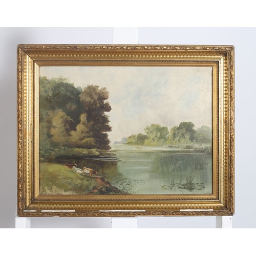 613 - ARTHUR KNOX REID
Riverscapes with Cottages and Cattle
Oil on canvas 
Each signed lower left 
29cm (h... 