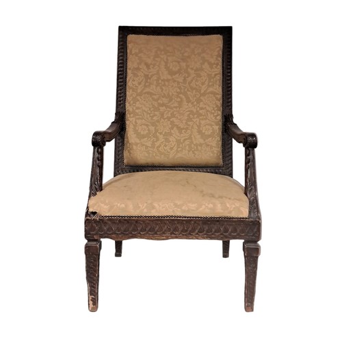 285 - A JACOBEAN STYLE STAINED BEECHWOOD AND UPHOLSTERED HIGH BACK CHAIR the rectangular upholstered back ... 