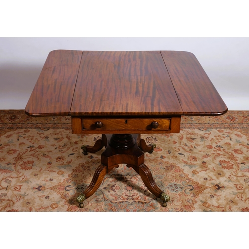 62 - A 19TH CENTURY MAHOGANY DROP LEAF TABLE the rectangular hinged top with frieze drawer and opposing m... 