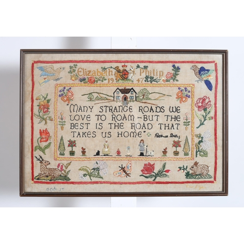 156 - A VINTAGE NEEDLEWORK SAMPLER 
Inscribed 'Many strange roads we love to roam but the best is the road... 