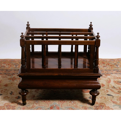 17 - A GOOD 19TH CENTURY ROSEWOOD FOUR COMPARTMENT CANTERBURY with baluster splats joined by moulded stre... 
