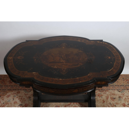 189 - A 19TH CENTURY EBONISED INLAID CENTRE TABLE of oval outline the shaped top inlaid with figures, char... 