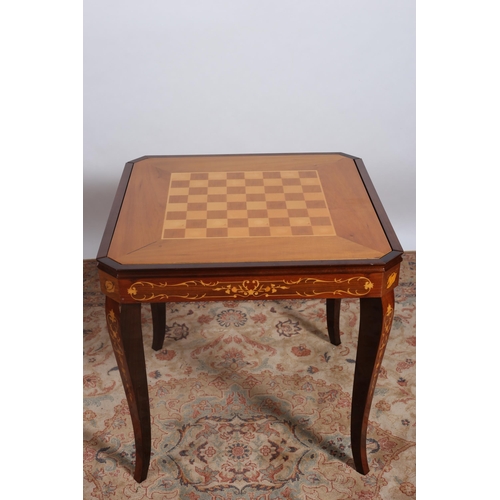 197 - A CONTINENTAL KINGWOOD AND MARQUETRY GAMES TABLE of rectangular outline with canted angles the remov... 