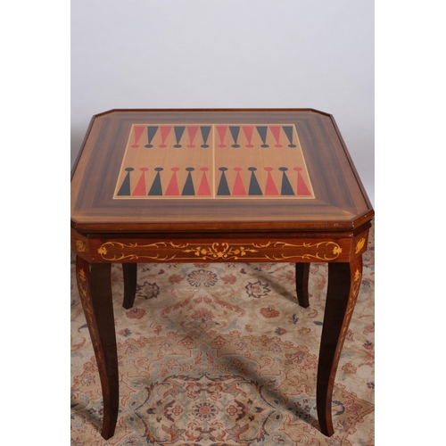 197 - A CONTINENTAL KINGWOOD AND MARQUETRY GAMES TABLE of rectangular outline with canted angles the remov... 