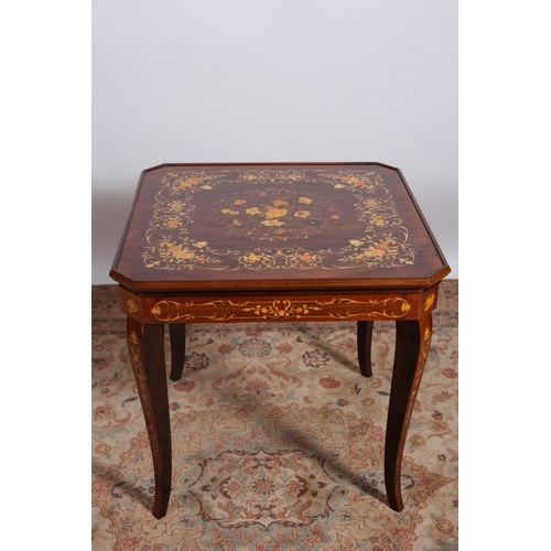 197 - A CONTINENTAL KINGWOOD AND MARQUETRY GAMES TABLE of rectangular outline with canted angles the remov... 