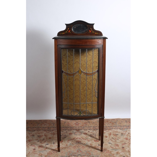 206 - AN EDWARDIAN MAHOGANY INLAID CHINA DISPLAY CABINET of demi lune outline the shaped top with moulded ... 