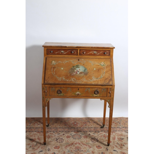 208 - A 19TH CENTURY CONTINENTAL SATINWOOD AND PAINTED BUREAU the raised superstructure with two short dra... 