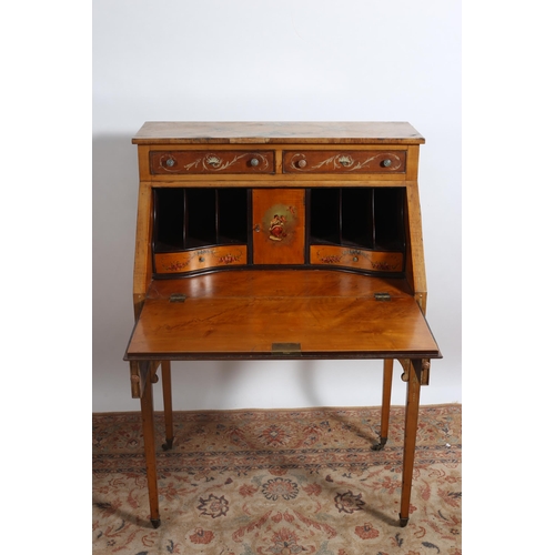 208 - A 19TH CENTURY CONTINENTAL SATINWOOD AND PAINTED BUREAU the raised superstructure with two short dra... 