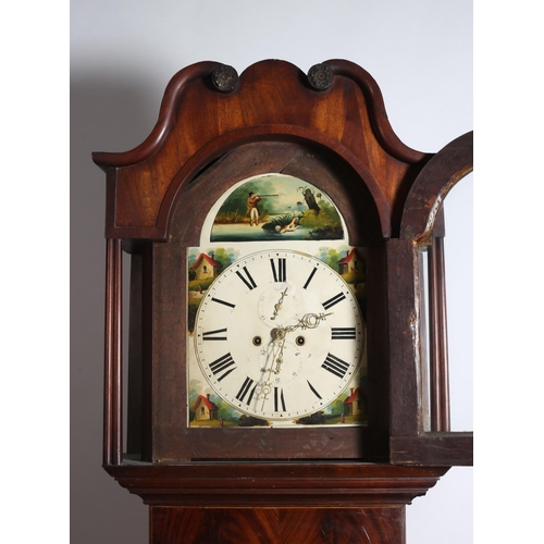 22 - A 19TH CENTURY MAHOGANY LONG CASED CLOCK the swan neck pediment above a rectangular arched painted d... 