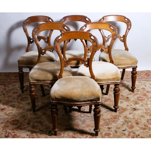 25 - A SET OF SIX 19TH CENTURY CARVED OAK DINING CHAIRS each with a curved top rail and splat with uphols... 