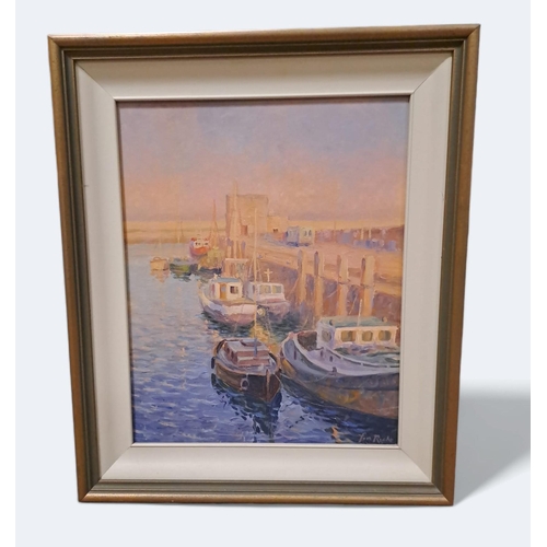 713 - TOM ROCHE
Cold Quay, Dun Laoghaire Harbour
Oil on canvas
Signed lower right  
49cm (h) x 39cm (w)