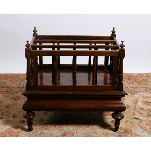 73 - A GOOD 19TH CENTURY ROSEWOOD FOUR COMPARTMENT CANTERBURY with baluster splats joined by moulded stre... 