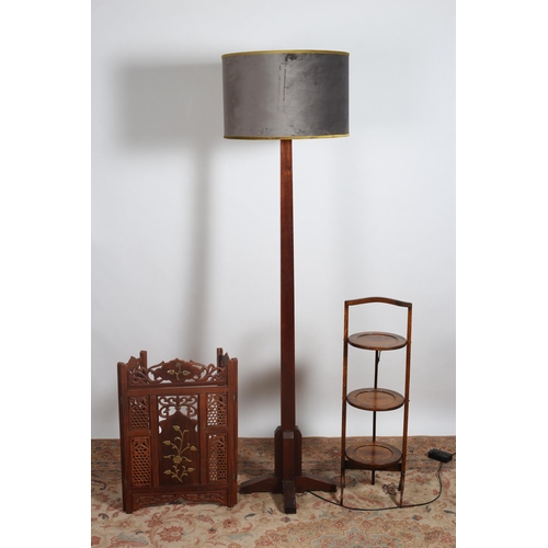 74 - A MAHOGANY FLOOR STANDARD LAMP with shade 186cm (h), A VINTAGE OAK THREE TIER FOLDING CAKE STAND, et... 