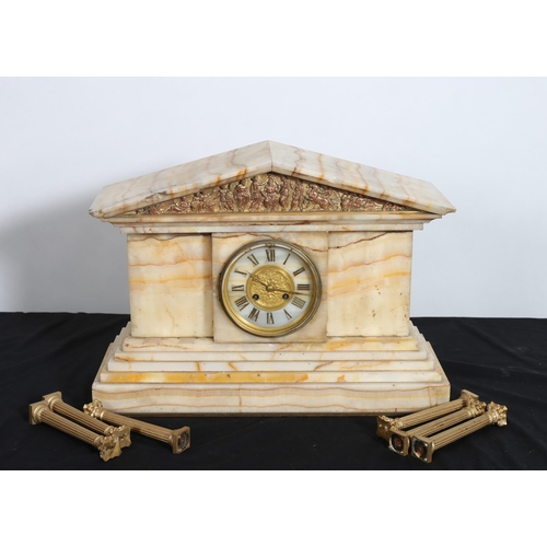 98 - A 19TH CENTURY ONYX MANTEL CLOCK of architectural form the gilt brass frieze moulded in high relief ... 