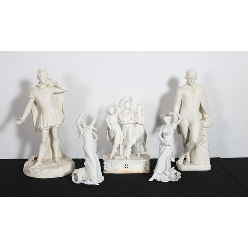 99 - A COLLECTION OF FIVE PARIAN WARE FIGURES to include a figure of Shakespeare, The Three Graces, a Fre... 