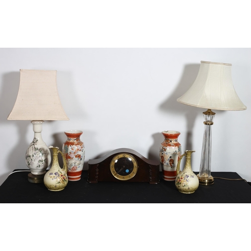 108 - A WATERFORD CUT GLASS AND BRASS TABLE LAMP with shade, a pair of Satsuma vases (AF), a vintage mahog... 