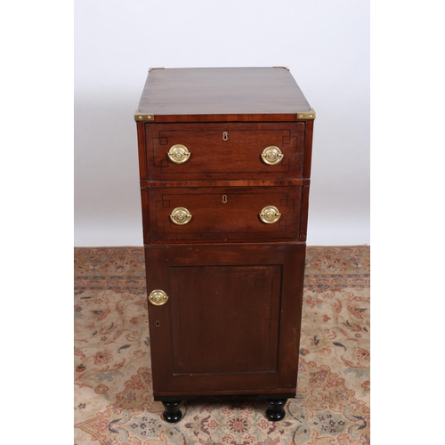 220 - A REGENCY MAHOGANY PEDESTAL of rectangular outline the shaped top with gilt brass corners above one ... 