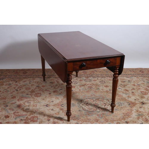 244 - A 19TH CENTURY MAHOGANY DROP LEAF TABLE the rectangular hinged top with frieze drawer on baluster le... 