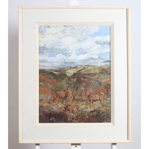 284 - CATHERINE WALLACE
Mountain Landscape with Red Deer
Oil on board
Inscribed verso 
58cm (h) x 43cm (w)