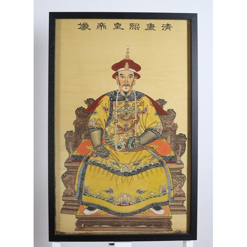 285 - CHINESE SCHOOL 
Study of Emperors Shown Seated in Traditional Dress (a pair)
Mixed media on silk
Eac... 