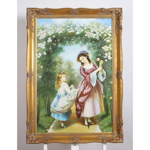 295 - F. SHEOL, CONTINENTAL SCHOOL
Figures in a Rose Garden 
Oil on canvas
Signed lower right
90cm (h) x 5... 