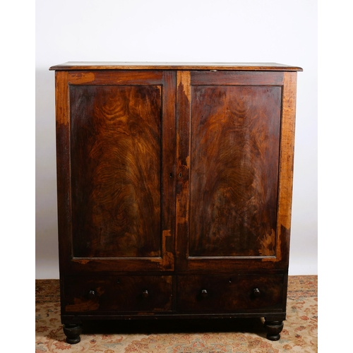 363 - A 19TH CENTURY MAHOGANY WARDROBE of rectangular outline the shaped top above a pair of cupboards con... 