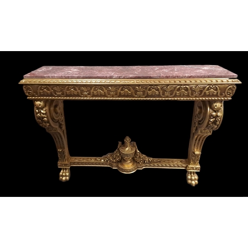 366 - A CONTINENTAL GILTWOOD AND MARBLE CONSOLE TABLE the rectangular veined marble top above a roped and ... 