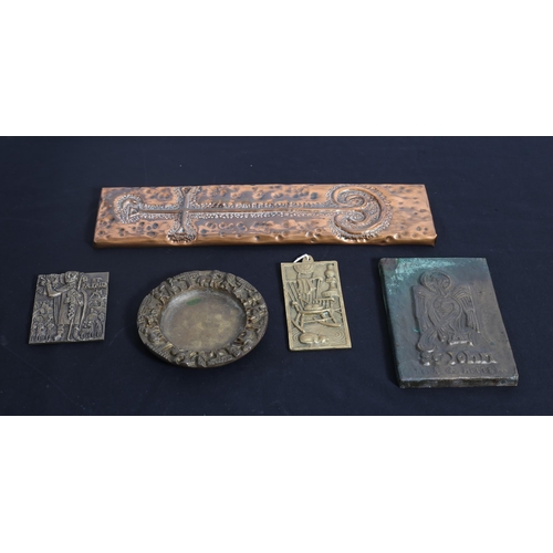 240 - A BRONZE PLAQUE depicting St. John Book of Kells, a brass plaque depicting St. Patrick, a copper pan... 