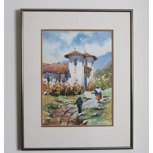 764 - Figures on a Path Outside a Church 
Figures on a Path 
Watercolours signed MENDEZ 
A pair 
32cm (h) ... 