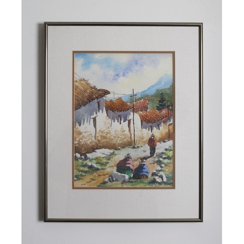 764 - Figures on a Path Outside a Church 
Figures on a Path 
Watercolours signed MENDEZ 
A pair 
32cm (h) ... 