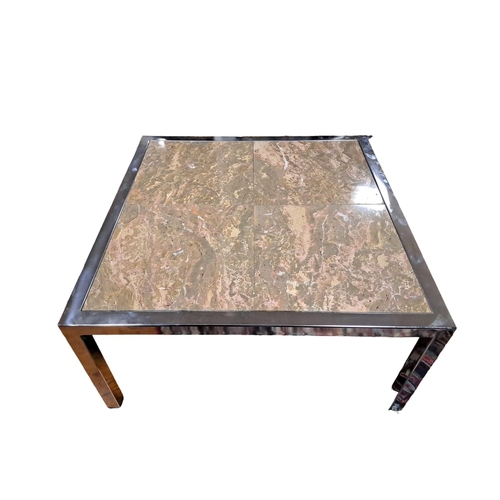 711 - A CHROME AND MARBLE TOP COFFEE TABLE of rectangular form inset with veined marble panel on square tu... 