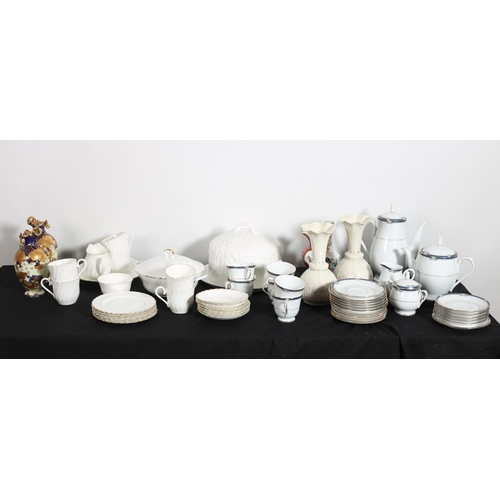 719 - A COLLECTION OF CHINA to include a pair of Belleek vases each of bulbous form with flared rim, a Wed... 