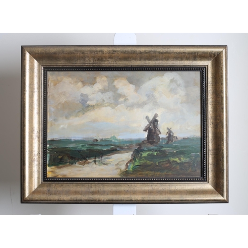 703 - LANDSCAPE WITH WINDMILLS
Oil on board 
28cm (h) x 39cm (w)