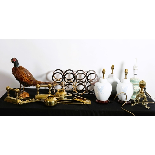 721 - A MISCELLANEOUS COLLECTION to include table lamps, a set of three brass fire irons, fire dogs, a pla... 