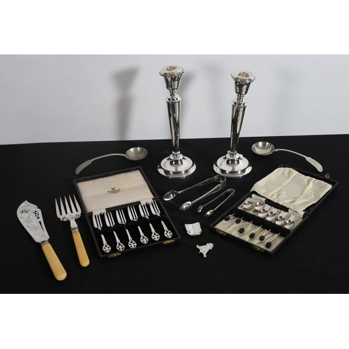 499 - A PAIR OF SILVER CANDLESTICKS one AF, a pair of Potosi silver ladles, a pair of silver plated fish s... 