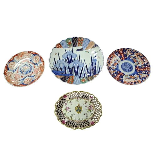 258 - THREE 19TH CENTURY IMARI PLATES together with A CONTINENTAL PORCELAIN DISH of oval outline with pier... 