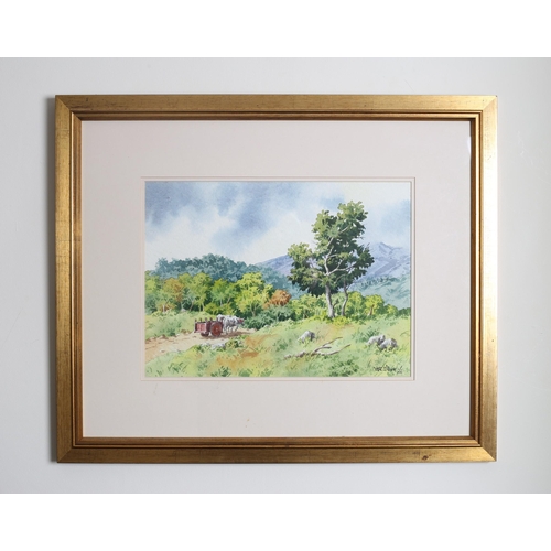 684 - Mountain Landscape with Ox Drawn Wagon 
Watercolour
Signed Juan Luis Ramirez and dated lower right 1... 