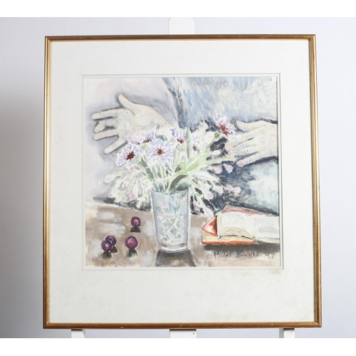 129 - MELLA BOLAND
Still Life, Flowers in a Vase on a Ledge with Grapes and Books
Oil on canvas 
Signed lo... 