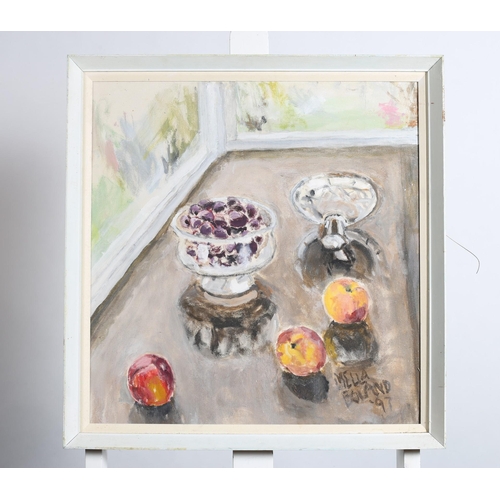 131 - MELLA BOLAND
Still Life, Apricots with Bowl and Plums on a Ledge
Oil on canvas
Signed lower right, d... 