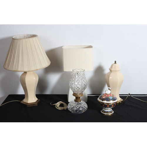 153 - A CUT GLASS TABLE LAMP, THREE GLAZED CHINA TABLE LAMPS, A VILLEROY AND BOCH LIDDED SWAN BOWL the whi... 