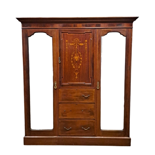 165 - AN EDWARDIAN MAHOGANY AND SATINWOOD INLAID COMBINATION WARDROBE the dentil moulded cornice above an ... 