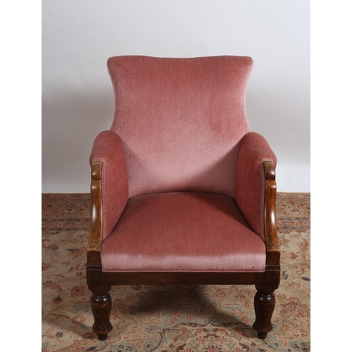 197 - A 19TH CENTURY MAHOGANY OAK AND UPHOLSTERED ARMCHAIR the shaped back with scroll over arms with maho... 