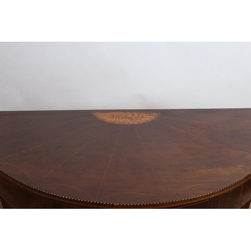 202 - A 19TH CENTURY MAHOGANY AND SATINWOOD INLAID SIDE TABLE of demi lune outline the shaped top above a ... 