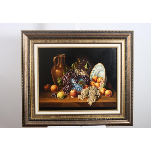 277 - CONTINENTAL SCHOOL 
Still Life, Grapes and Apples in Bowls on a Ledge 
Oil on canvas 
Indistinctly s... 