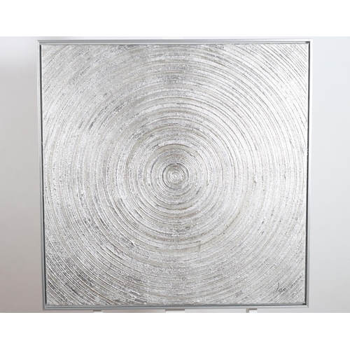 283 - A SILVER LEAF ABSTRACT 
Oil on canvas 77cm (h) x 77cm (w) together with a brass frame circular mirro... 